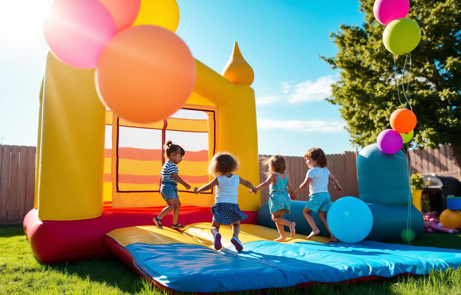 Kids bouncing in a colorful inflatable bounce house at a backyard birthday party
